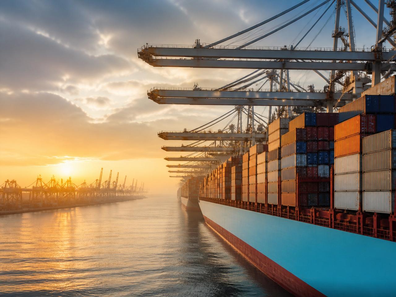 Porto marítimo internacional com guindastes e navios de contêineres ao entardecer