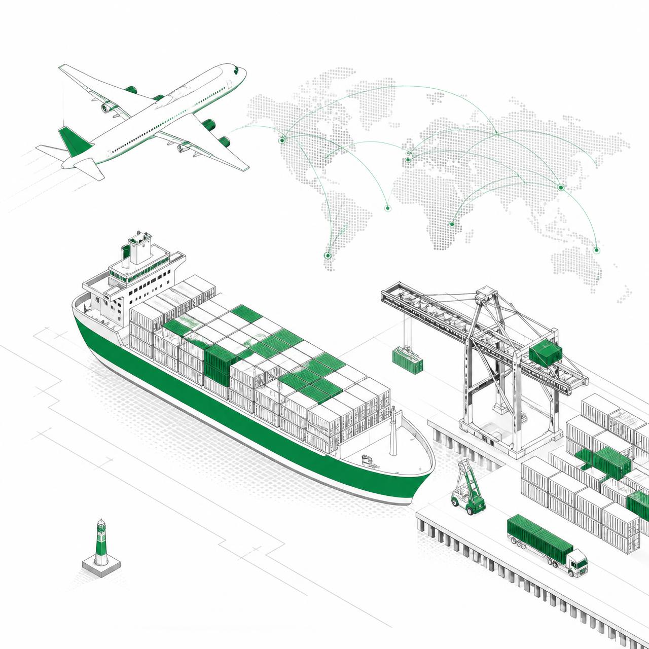 Ilustração premium de logística internacional com navio porta-contêineres, avião cargueiro e rotas globais
